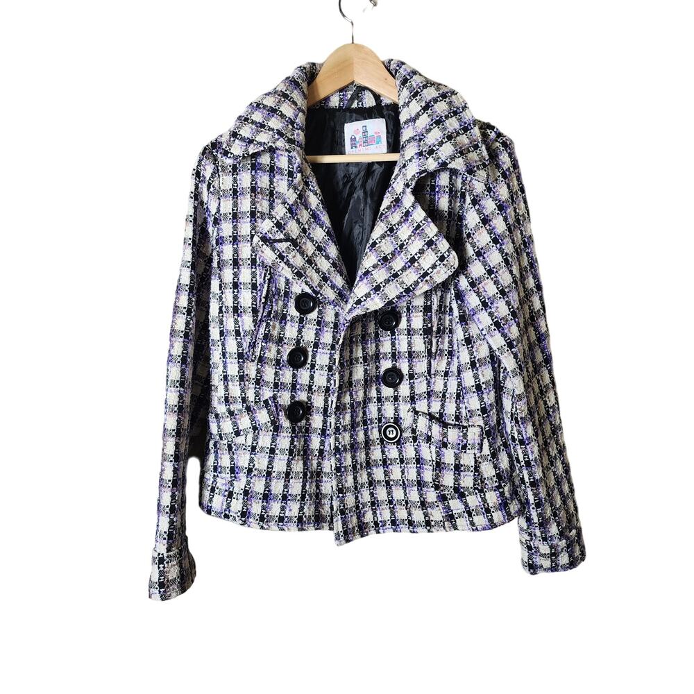 OPENING ACT Blue Purple White Oversized Buttons Pea Coat Warm Jacket SZ M/L